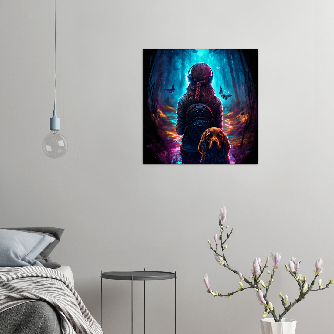 Hund & Mädchen im magischen Wald Aluminium Druck