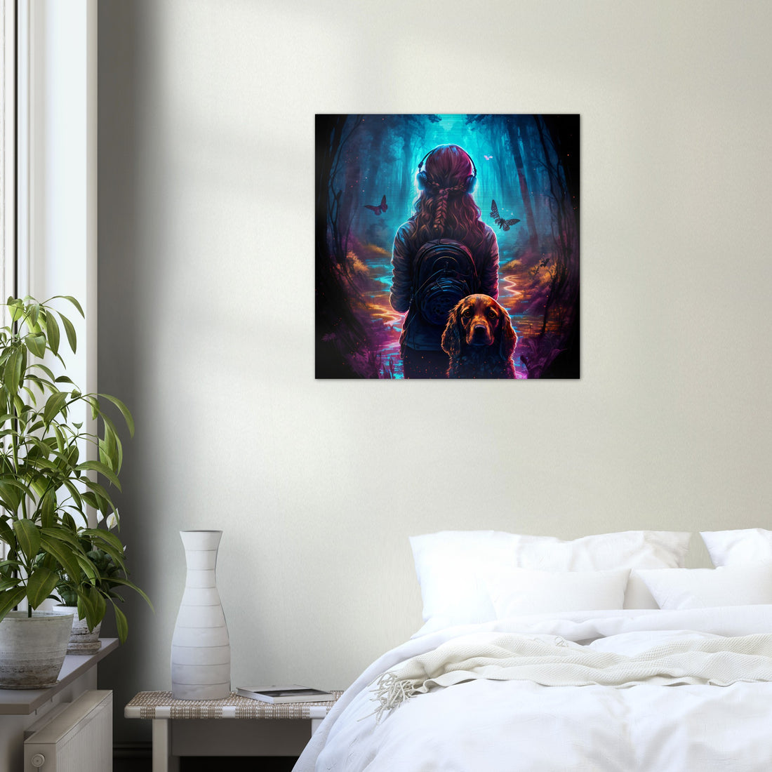 Hund & Mädchen im magischen Wald Gebürstetes Aluminium Druck