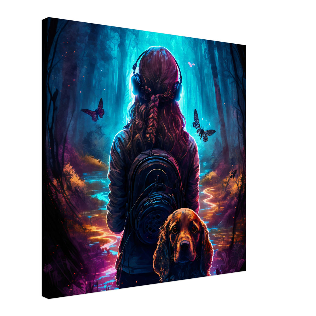 Hund & Mädchen im magischen Wald - Premium Leinwand