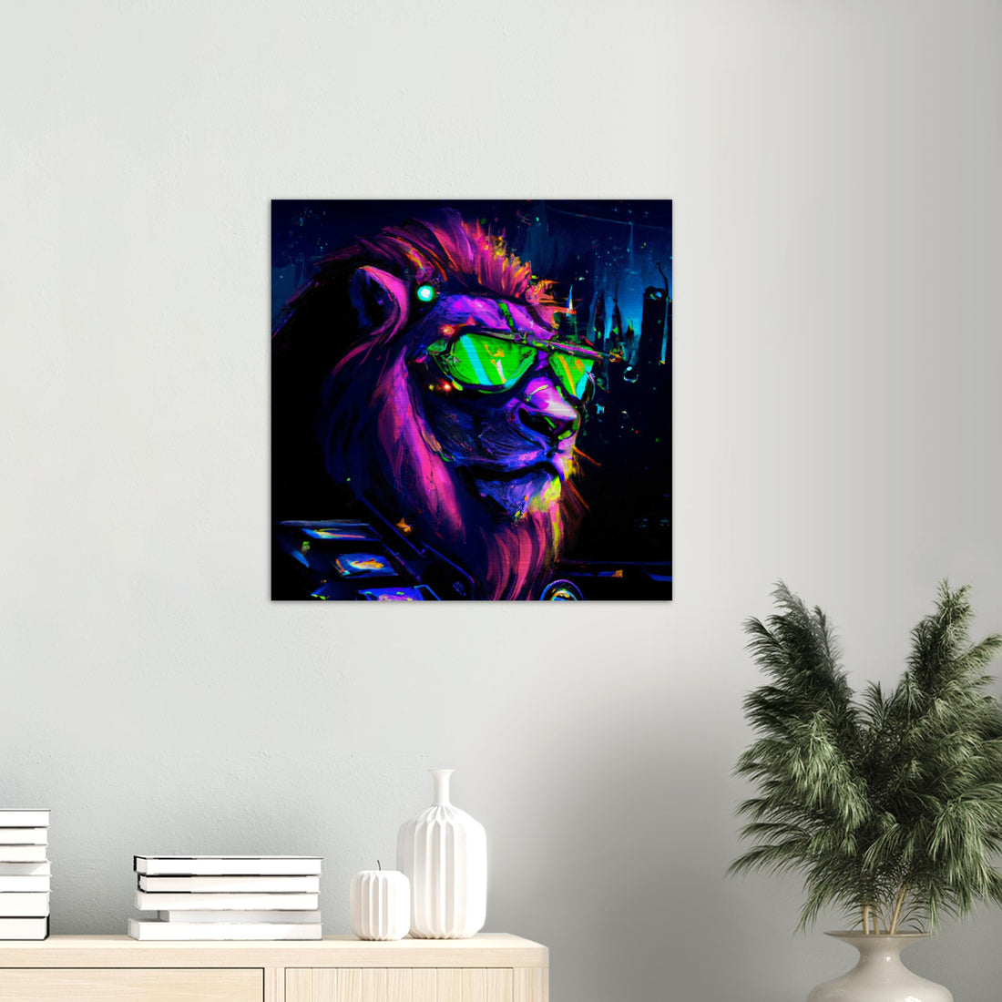 Neon Löwe Gebürstetes Aluminium Druck